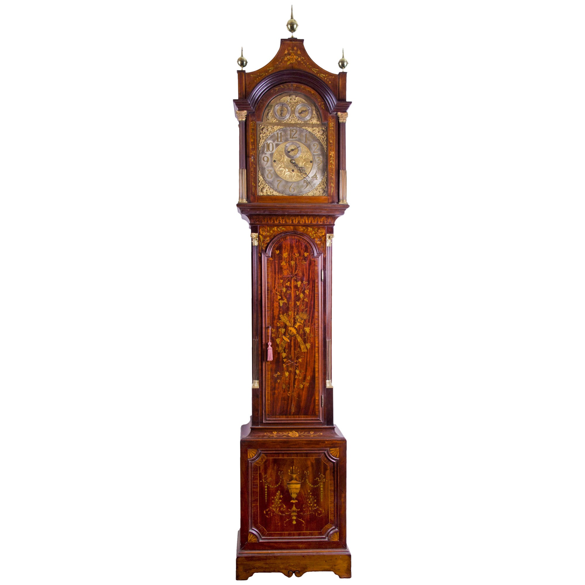 Monumental Inlaid Mahogany Edwardian Tall Chime Clock, England, circa 1900 For Sale