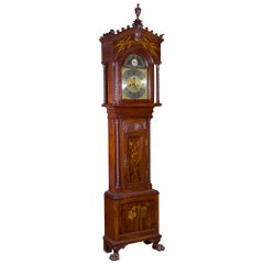 Antique Walter Durfee Marquetry Galle Japanesque Inlay Tall Clock, Providence, circa 1900