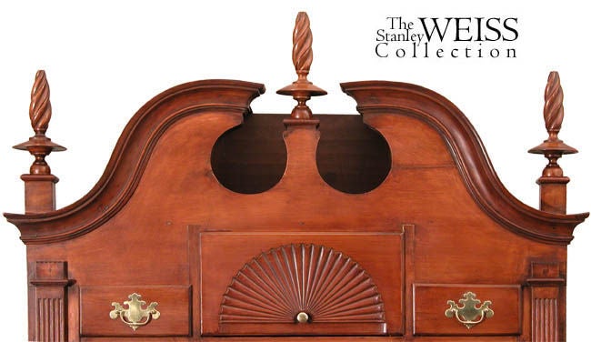 This highboy is interesting in that it is an interpretation of the famous Boston and Salem highboys that incorporate pilasters into their design. This is a very desirable feature, and elevates the case piece to a higher order. A highboy related to