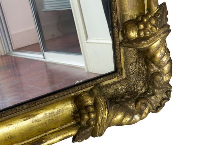 American Classical Large Classical Overmantel Mirror with Carved Cornucopias, circa 1840 For Sale