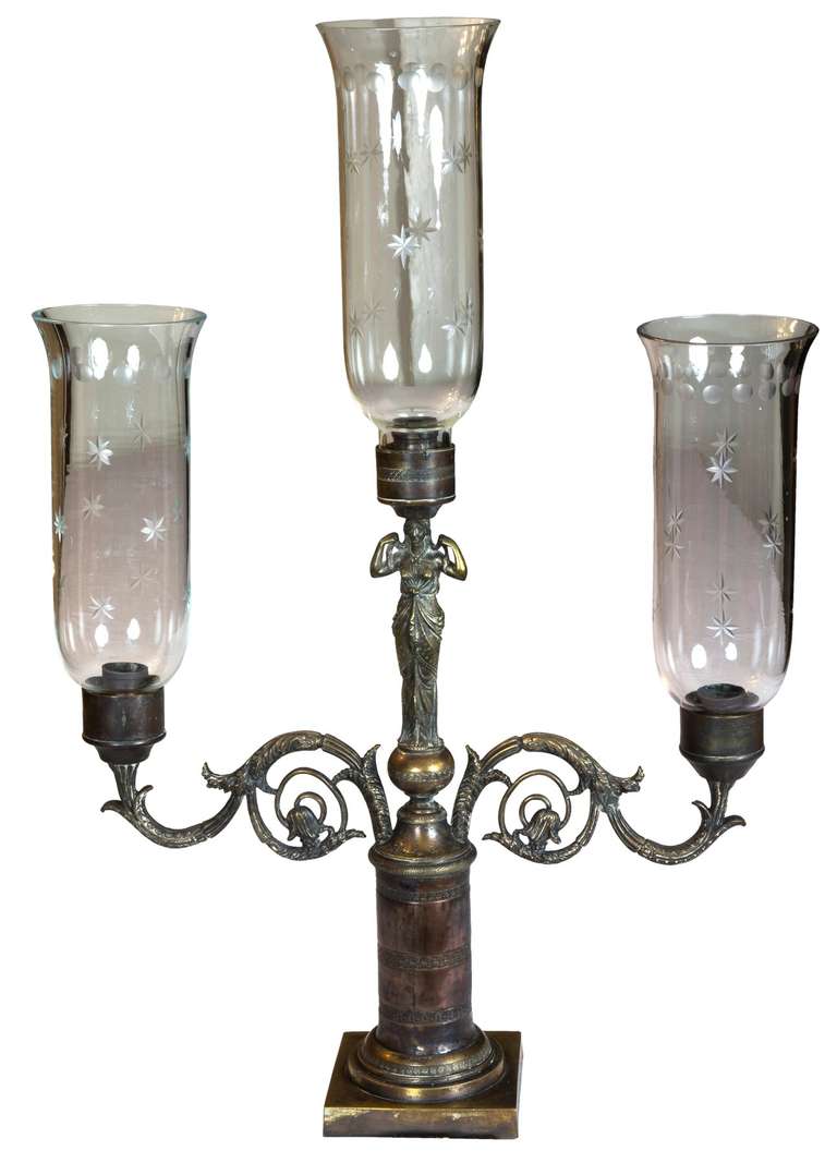 Neoclassical Pair of Three-Glass Classical Figural Lighting Candelabrum, circa 1830-1840 For Sale