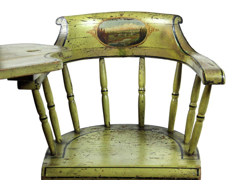 This is a wonderful country writing chair for an adult, that an adult and/or child can use in a bright color with a magnificent painted scenic landscape. The paint on this chair is completely original with no in-painted or touch-ups whatsoever. It