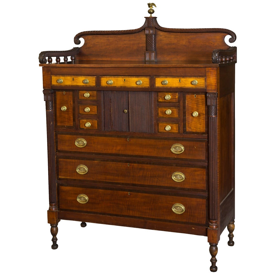 Monumental Federal Carved, Tiger Maple and Mahogany Chest