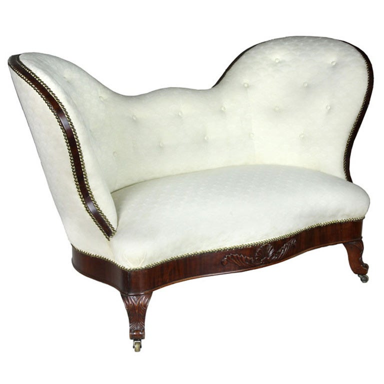 Early Diminutive Victorian Mahogany Upholstered Sofa For Sale