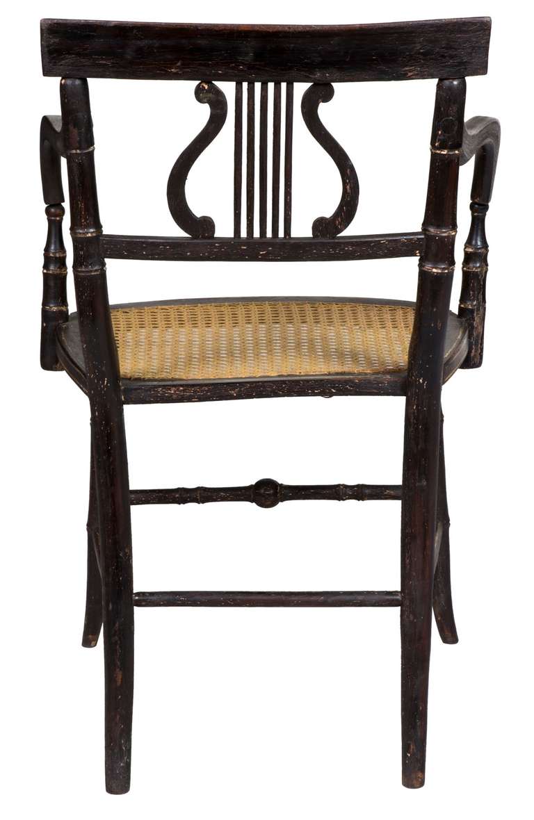 Cane Set of Six Classical Rosewood and Gilt Painted Lyre Chairs, circa 1810, England