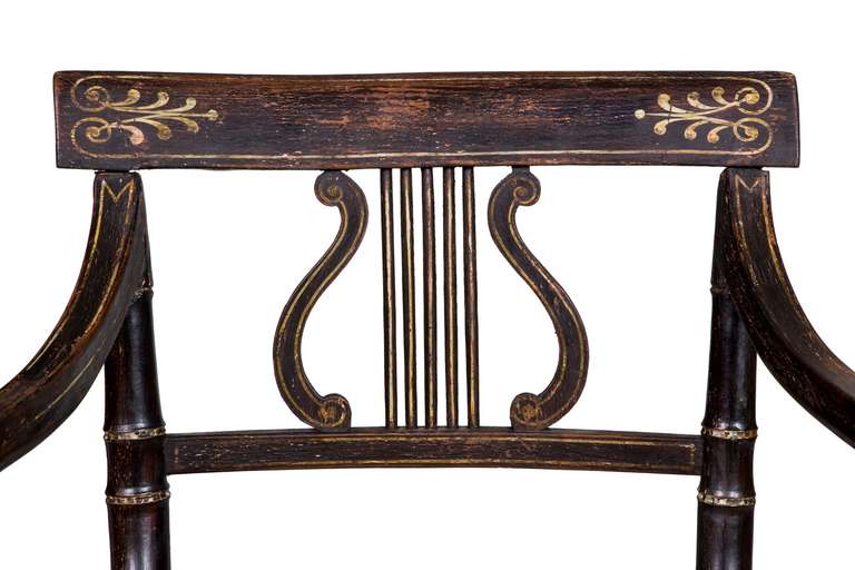Neoclassical Set of Six Classical Rosewood and Gilt Painted Lyre Chairs, circa 1810, England