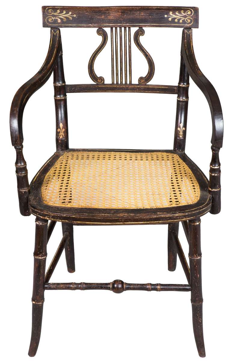 English Set of Six Classical Rosewood and Gilt Painted Lyre Chairs, circa 1810, England