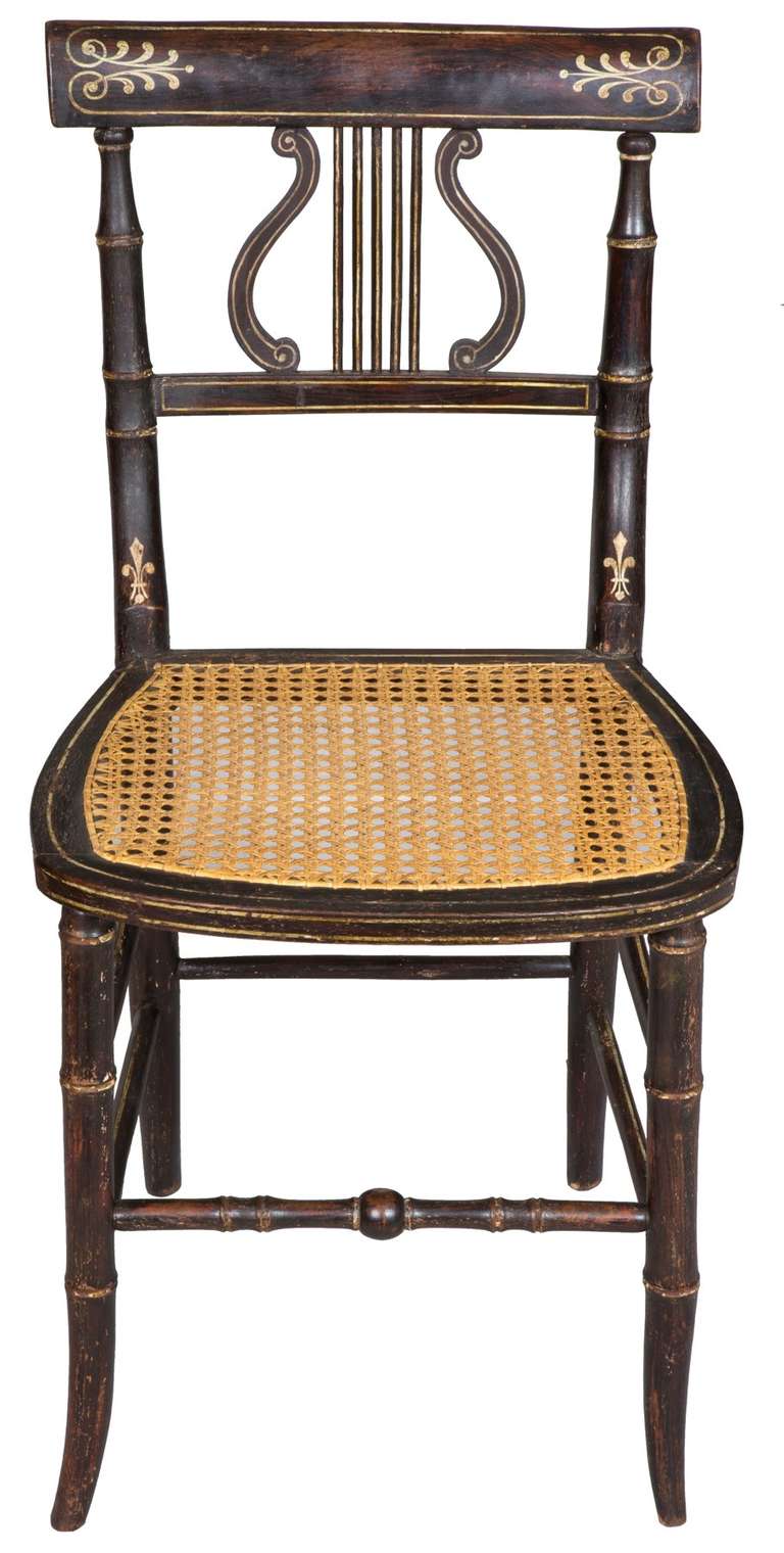 Set of Six Classical Rosewood and Gilt Painted Lyre Chairs, circa 1810, England In Excellent Condition In Providence, RI