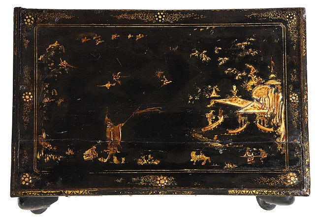 This is a rare form in a decorated lacquer surface, and a delicate table that is certainly a survivor. The original top retains its first decorative Chinoiserie embellishments, as do the drawers, sides, and back.

Looking at the images below, one