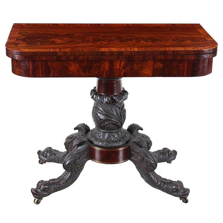 Carved Mahogany Card Table with Dolphins and Brass Inlay, Possibly NY For Sale