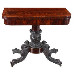 Carved Mahogany Card Table with Dolphins and Brass Inlay, Possibly NY