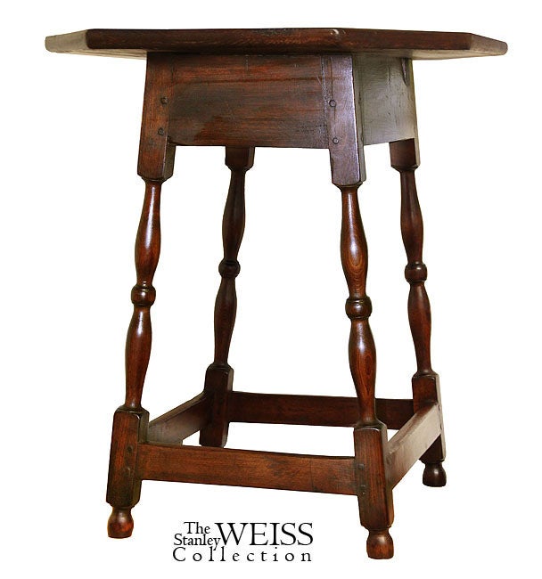 This example is similar to one found in the New Fine Points of Furniture. Albert Sack describes that example, and we couldn’t say it better than Albert, so his comments are: 

Early maple and pine tavern table, New England, circa 1700-30. The ring