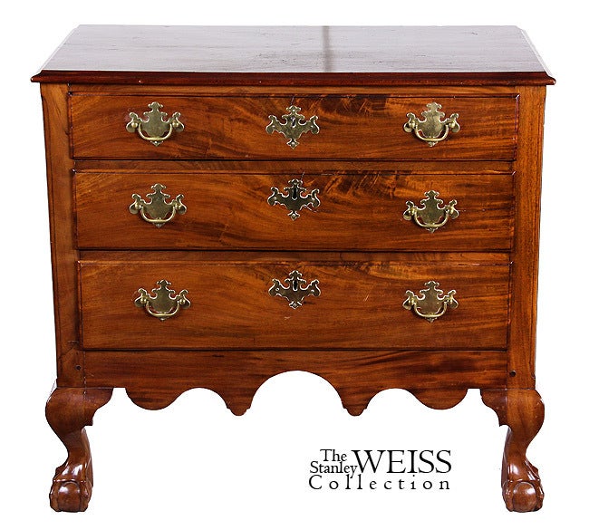 Three-drawer chests are not as common as those of four drawers and they often share a similarity regarding the height the chest is off the ground. These smaller chests seem to all have a great deal of “lift.” Note the attached example below showing