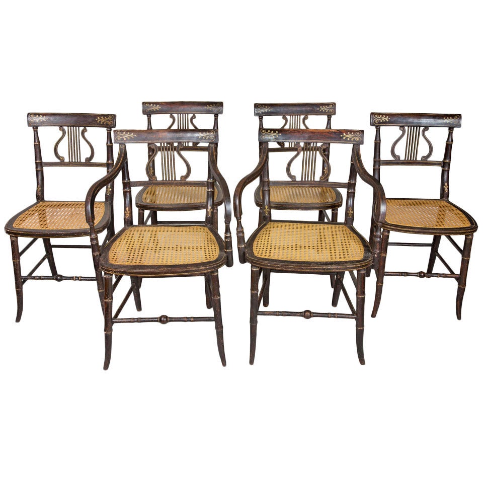 Set of Six Classical Rosewood and Gilt Painted Lyre Chairs, circa 1810, England