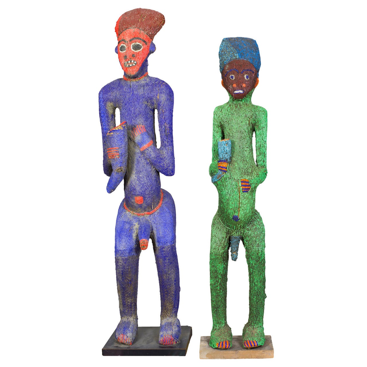 Two Beaded Cameroonian Male Fertility Figures, Bamileke Tribe Early 20th Century