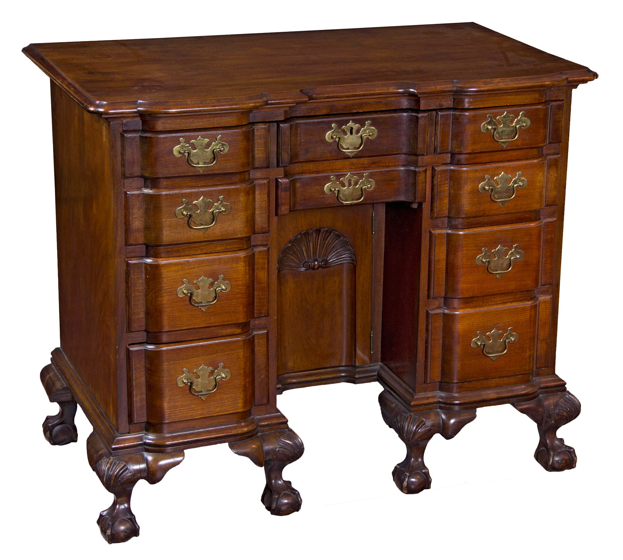 Fine Chippendale Style Carved Mahogany Blockfront Kneehole Desk For Sale