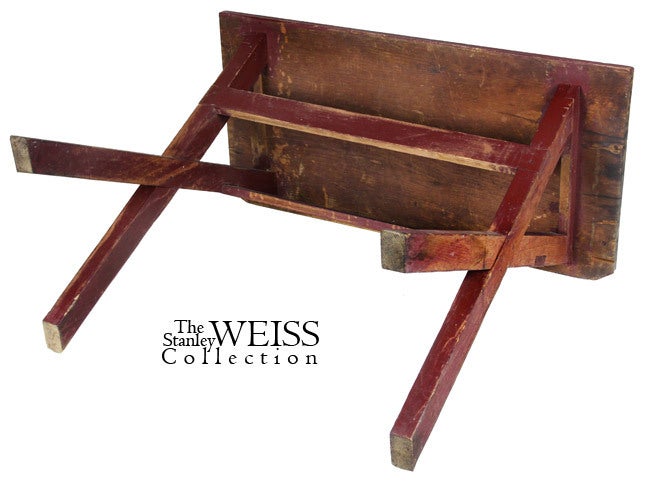American Colonial Pine and Maple Sawbuck Side Table, Scrubbed Top, Old Red Paint For Sale