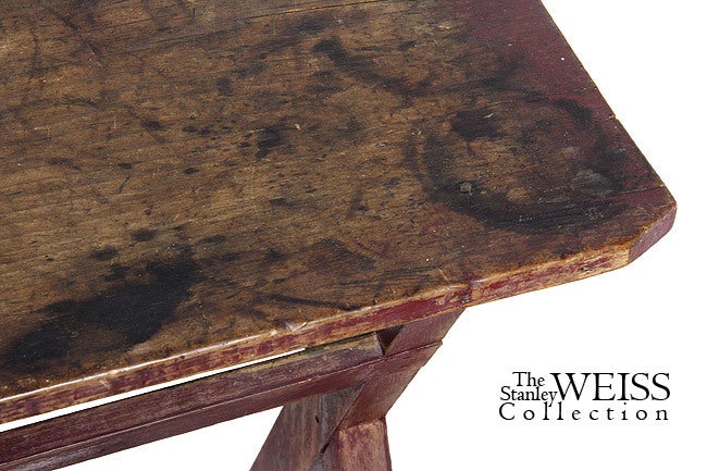 American Pine and Maple Sawbuck Side Table, Scrubbed Top, Old Red Paint For Sale