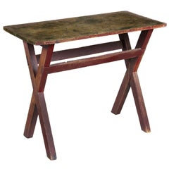 Pine and Maple Sawbuck Side Table, Scrubbed Top, Old Red Paint