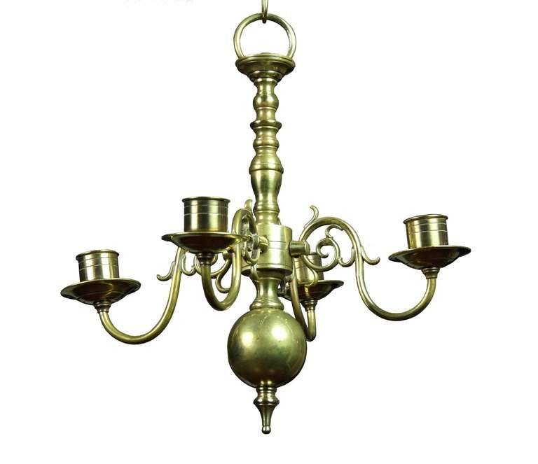 A Rare Small Brass 4-light Chandelier, Early 18th Century, Netherlands In Excellent Condition In Providence, RI