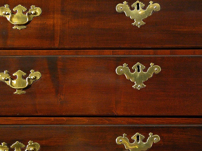 A carved mahoganized maple highboy with shell, Newport, circa 1770.
Descended in the Congdon family and deaccessioned from the Old Dartmouth Historical Society Whaling Museum.
All brasses are original.