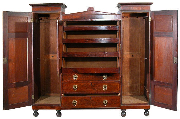 American Classical Carved and Reeded Mahogany Winged Wardrobe, Baltimore, circa 1830