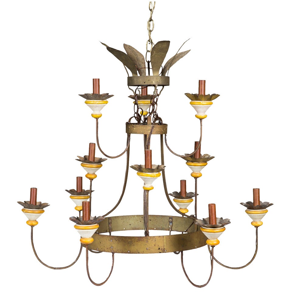 Stepped Tin and Wood-Turned Twelve-Light Chandelier, 19th Century For Sale