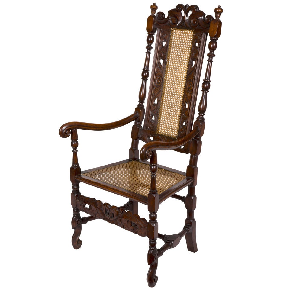 Carved Beech William & Mary, Caned Armchair, Flemish or English, 17th Century For Sale