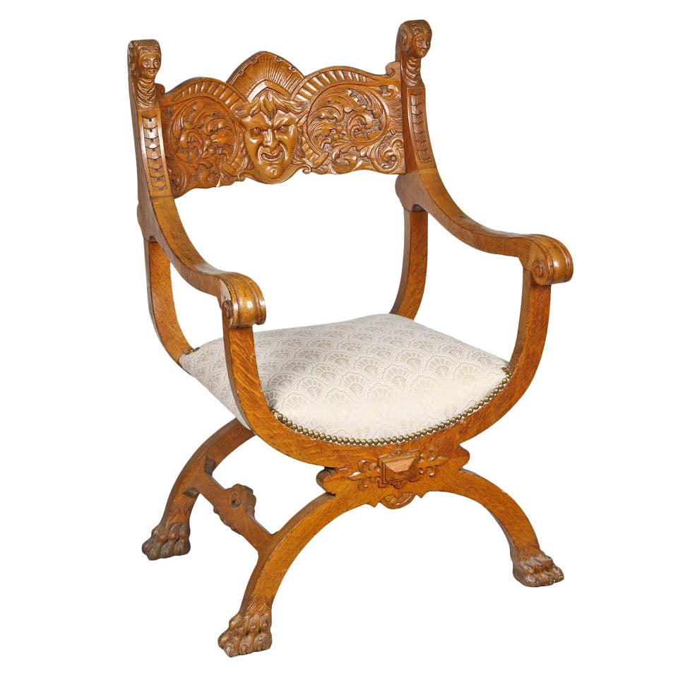 Oak Grecian Curule Chair, Probably Stickley-Brandt Chair Co, NY, circa 1890-1918 For Sale