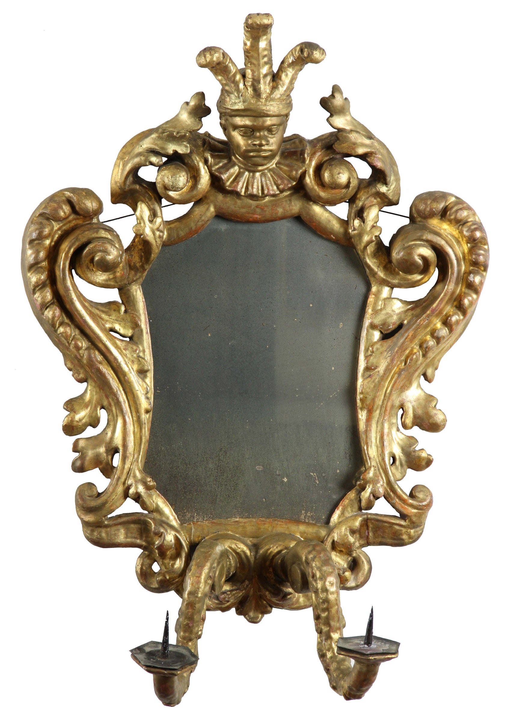 Carved Rococo Gilt Mirror with Jester, Continental, 17th-18th Century For Sale