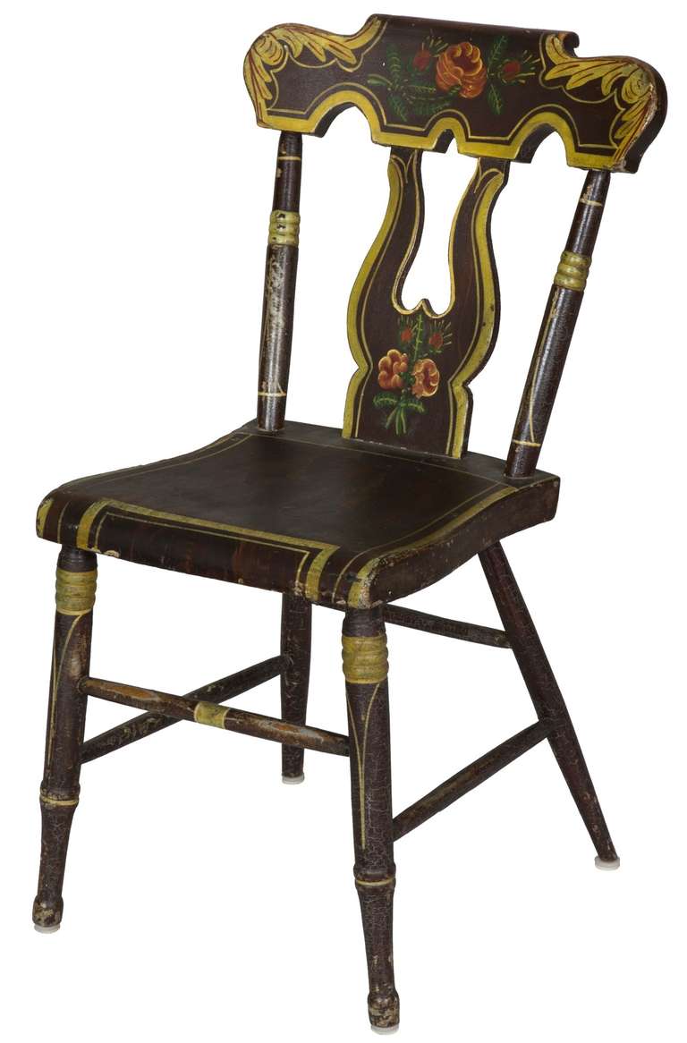 This painted set has its original paint and has no breaks or alterations. It was carefully used, as the wear marks here and there show a degree of charm developed through the years. These chairs are fairly comfortable with a back that gently