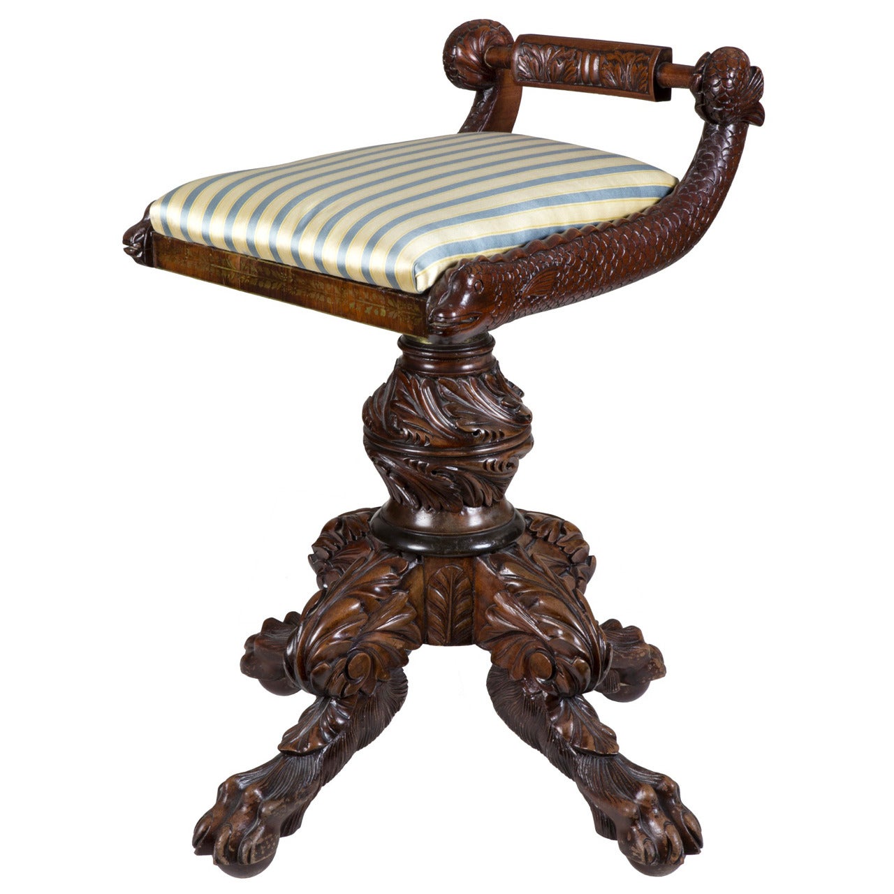 Classical Carved Mahogany Piano Stool with Dolphins, New York, circa 1825 For Sale