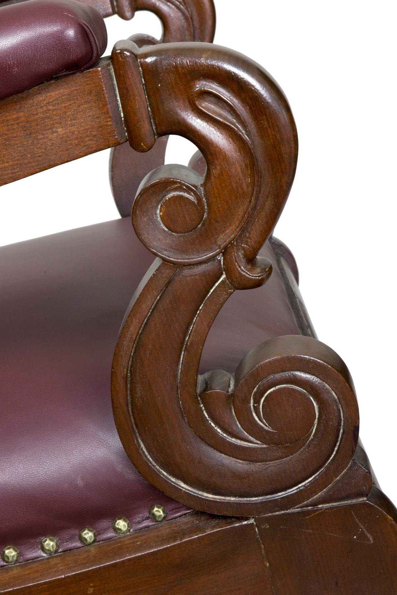 19th Century Classical Mahogany Rocker with Carved Scrolled Arm Supports For Sale