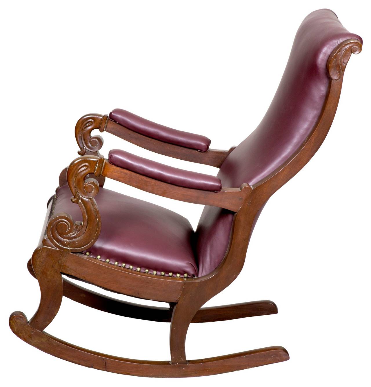 American Classical Mahogany Rocker with Carved Scrolled Arm Supports For Sale
