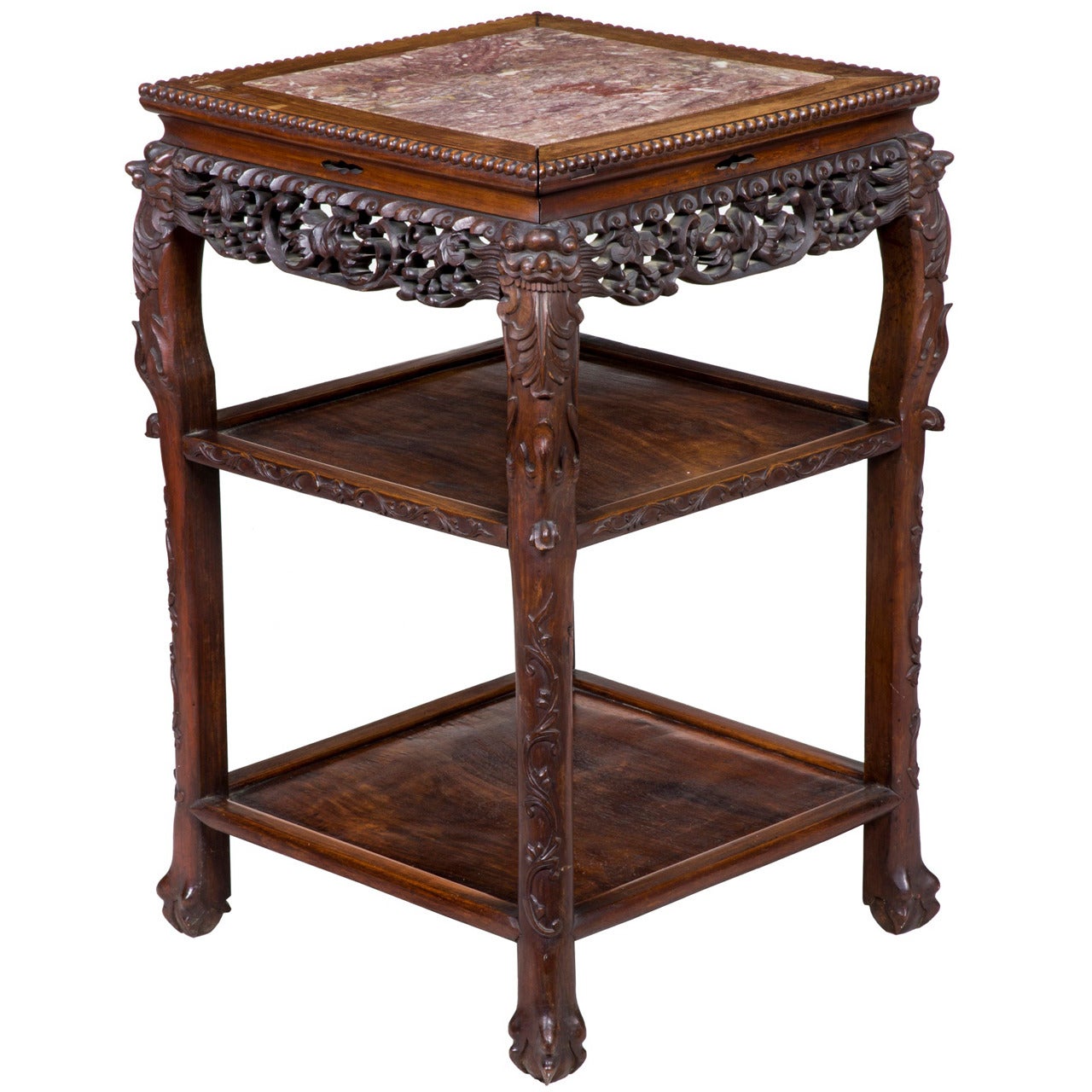 Magnificently Carved Square Marble-Topped Stand, China, Late 19th Century For Sale