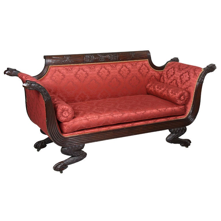 Classical Carved Mahogany Settee, Providence, RI, circa 1820-1830 For Sale