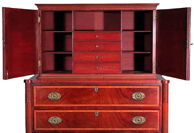 This bureau is beautifully crafted with a rarely seen upper compartment that is absolutely original to the piece, which is in a fine state of preservation including its original brasses. Backboards of the upper and lower cases match exactly, etc.