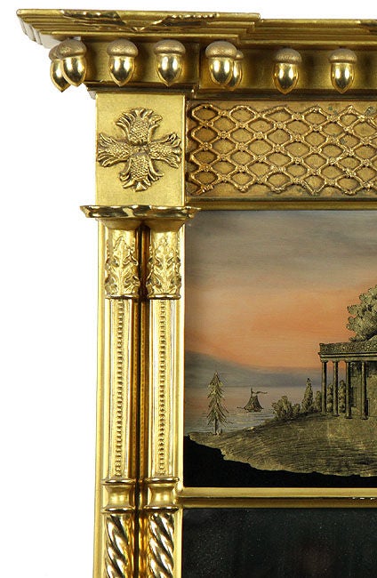 American Federal Classical Giltwood Mirror with Églomisé Panel of Mt. Vernon, c 1820 For Sale