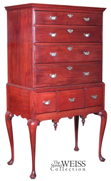 This highboy is of small-scale, only 36 inches wide, and is in pristine condition. The small Queen Anne brasses are all original and the secondary woods are chestnut, indicative of its Rhode Island origin. This highboy is indeed a lady it has very