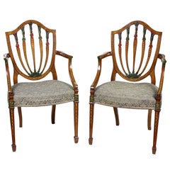 Pair of Edwardian Satinwood Shieldback Painted Open Armchairs