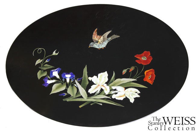Rococo Pietra Dura Bird and Floral Marble on Carved Giltwood Stand