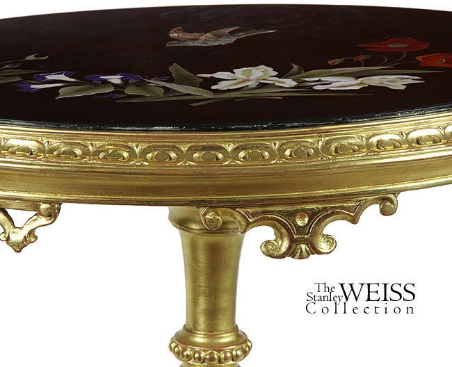 Pietra Dura Bird and Floral Marble on Carved Giltwood Stand 1
