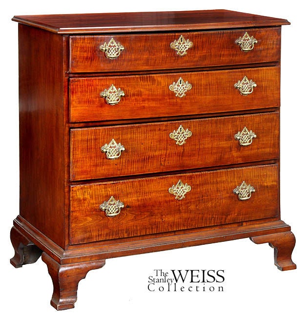 This tiger maple chest has magnificent tiger on the drawer fronts. It doesn't come any better. The feet are quintessentially Newport. They have the famous ogee form on a slight platform. The piece is in a perfect state of preservation. The brasses