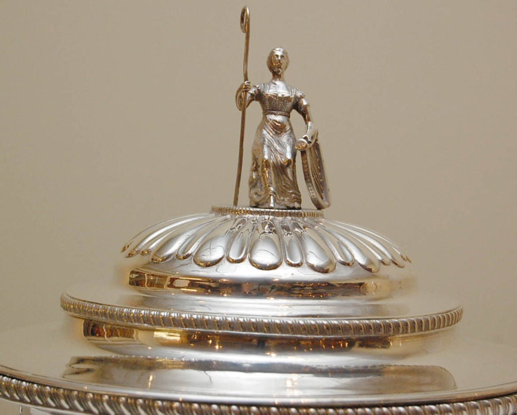 Georgian Irish Sterling Silver Tureen Hallmarked Dublin 1814 By Michael Flanagan. The Tureen Depicting The Hibernia On Top, With An Oak And Shamrock Leaf Chased Border, Raised On Griffin Claw Feet.