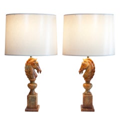 Pair of Art Deco Alabaster Horse Head Table Lamps