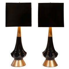 Pair Of Hip Black Ceramic Table Lamps.
