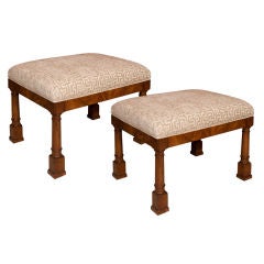 Pair of Georgian style walnut upholstered benches.