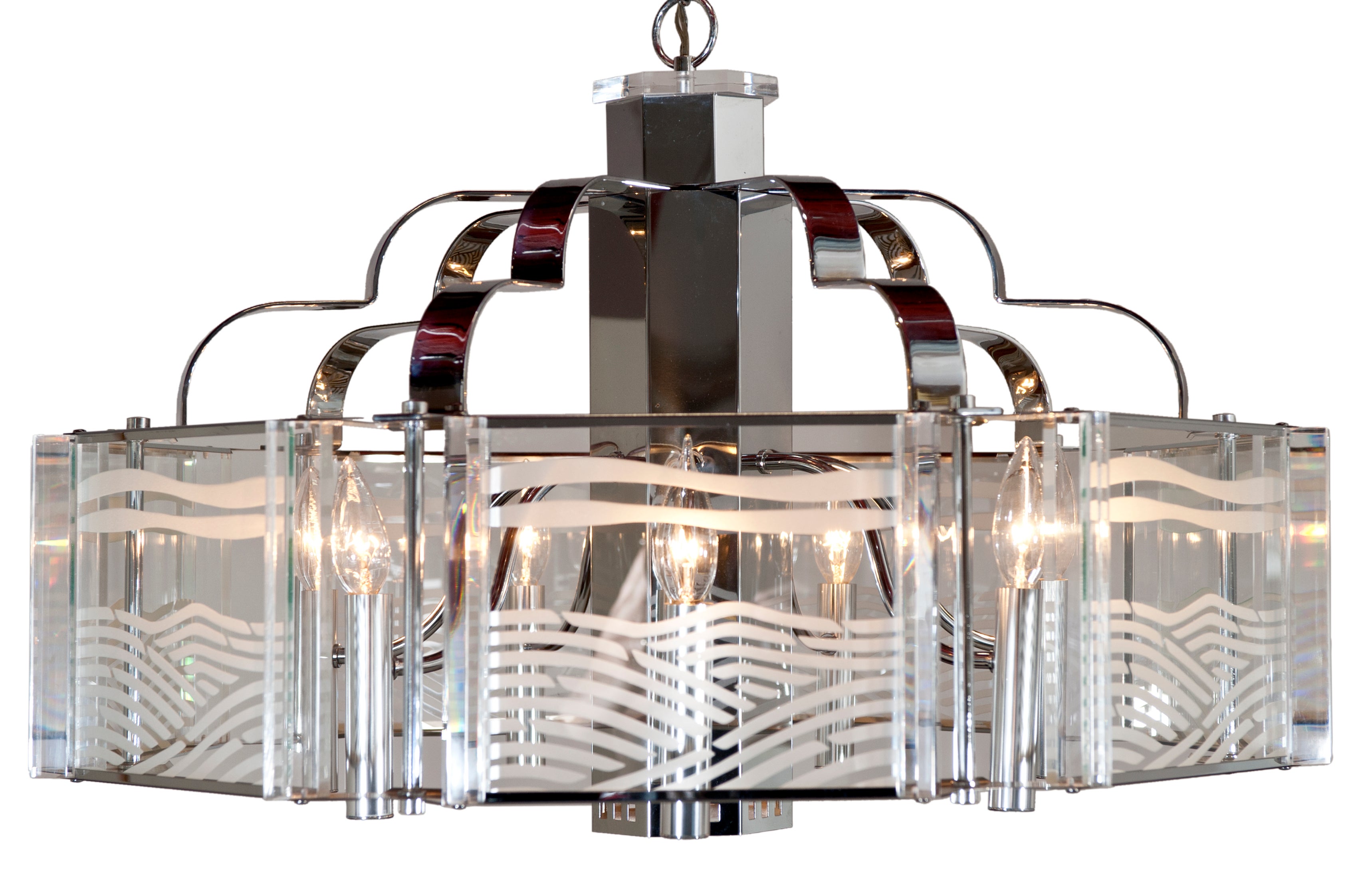 Fredrick Ramond Chrome and Etched Glass 8 Light Chandelier For Sale