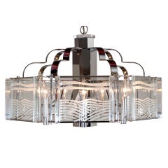 Fredrick Ramond Chrome and Etched Glass 8 Light Chandelier