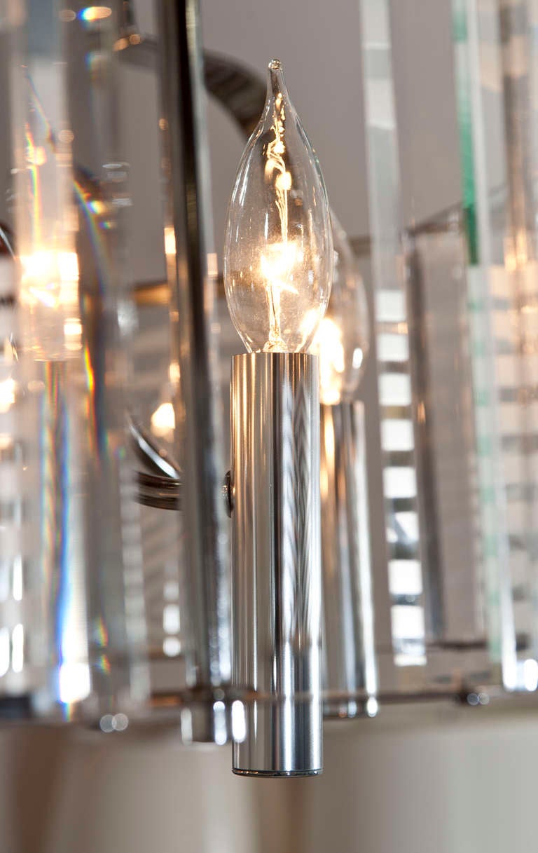 Modern Fredrick Ramond Chrome and Etched Glass 8 Light Chandelier For Sale